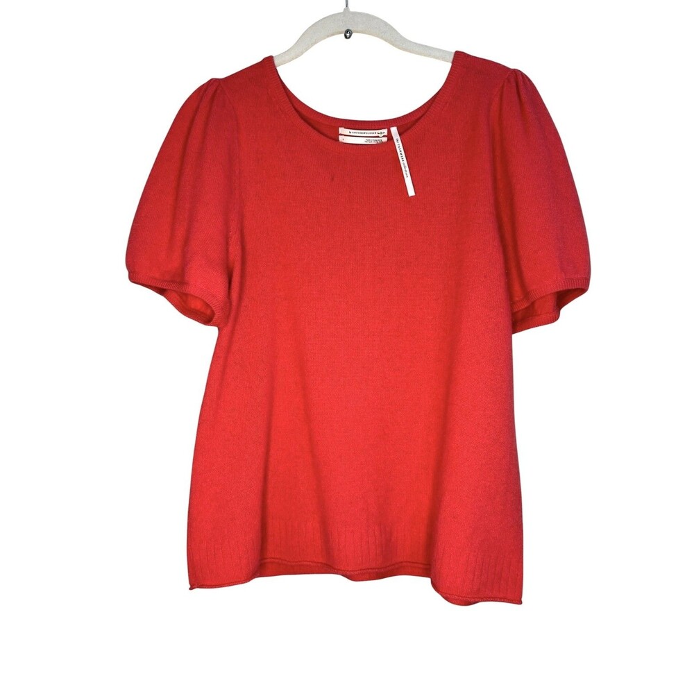 By Anthropologie Sweater Womens Large Hot Pink 100% Cashmere Puff Sleeve Scoop